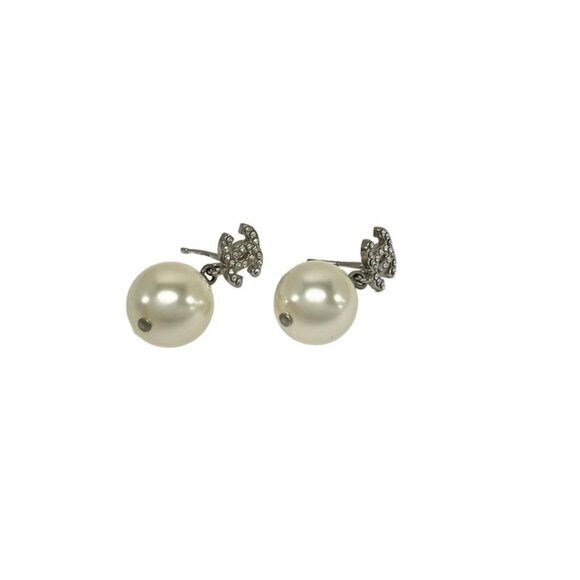 Chanel Earrings CC Logo Silver Ivory